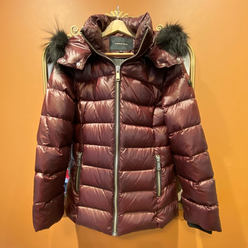 Andrew Marc Burgundy Down Puffer Jacket with Real Fur Trim